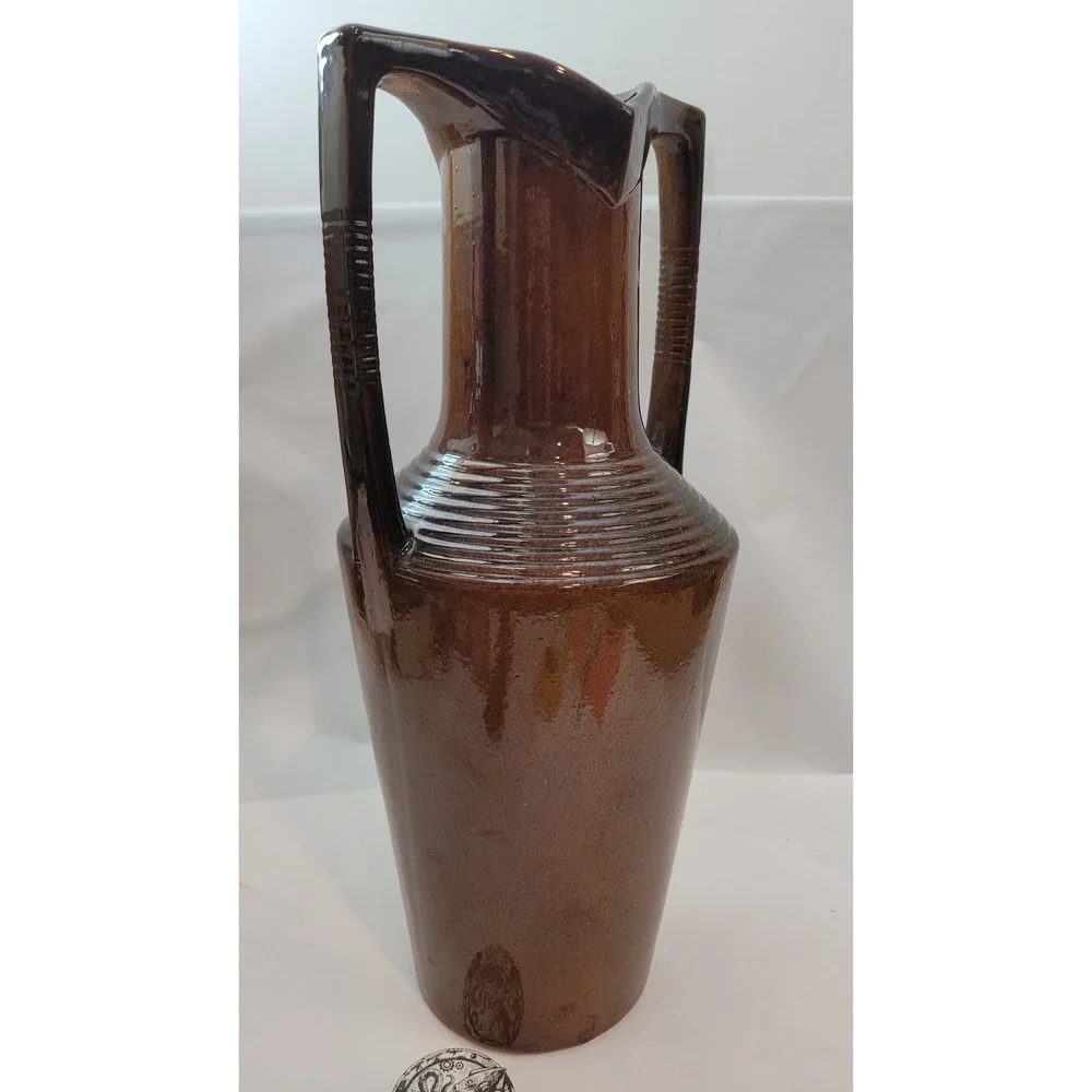 Nemadji Pottery Vase 4688P Vintage Modern Brown Glazed Ribbed Dual Handle 14